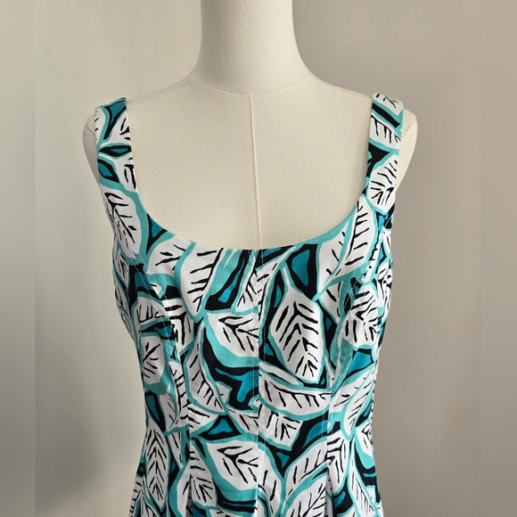 Anne Klein Sleeveless Scoopneck Teal Leaf Fit & Flare Cotton Dress Sz. 8 - Picture 3 of 13